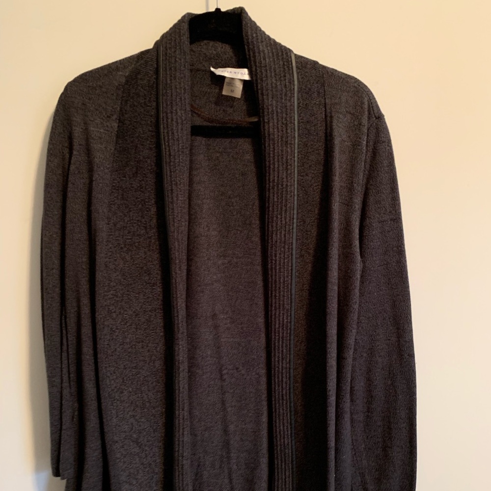 Grey cardigan with black leather trim